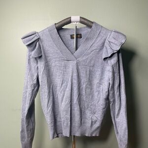 Elegant Light Gray V-Neck Sweater with Ruffle Shoulders